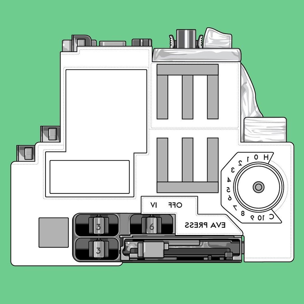 Vector image of an extravehicular mobility unit's chest mounted control panel.