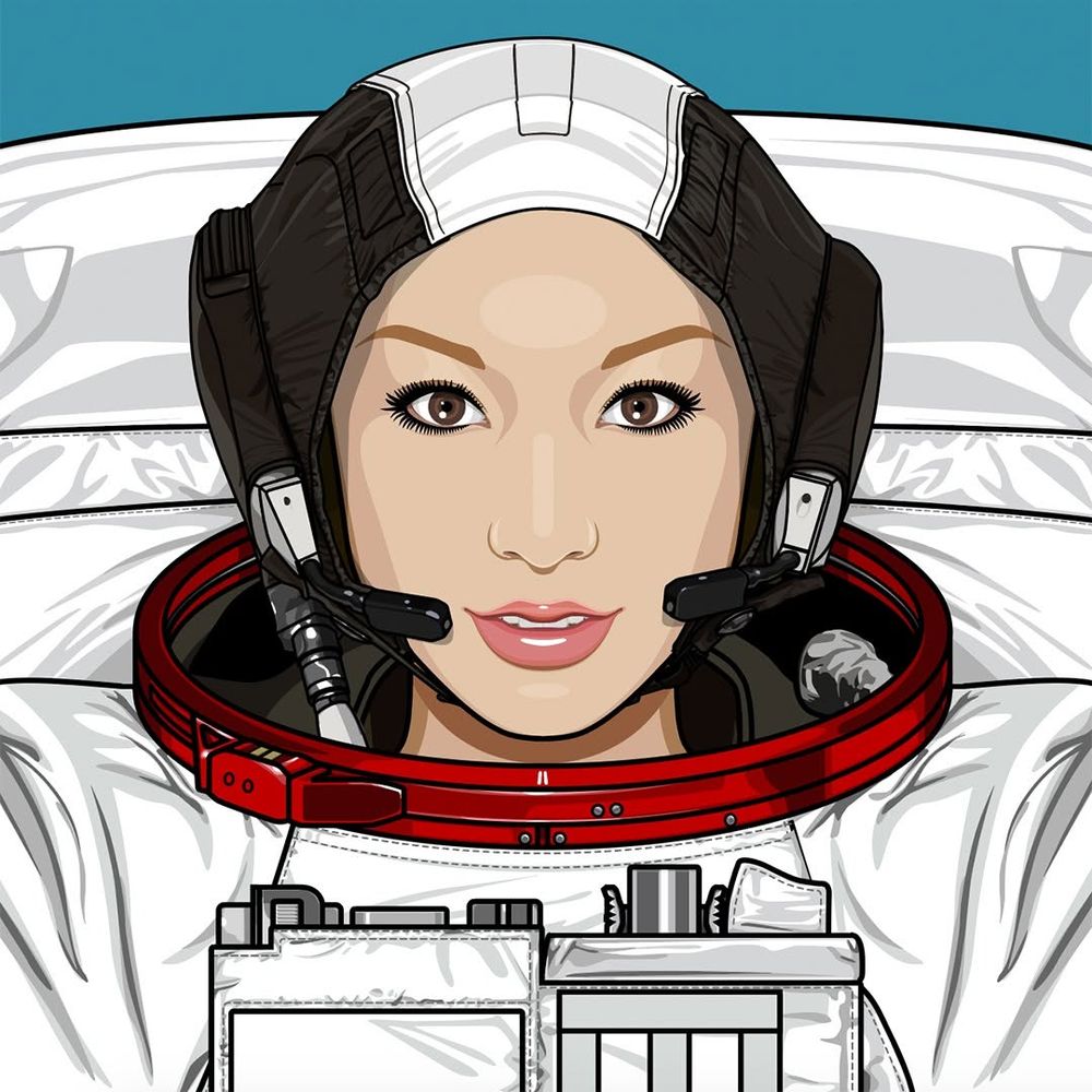 A portrait of a female astronaut in a modern extravehicular mobilty unit in vector art format.