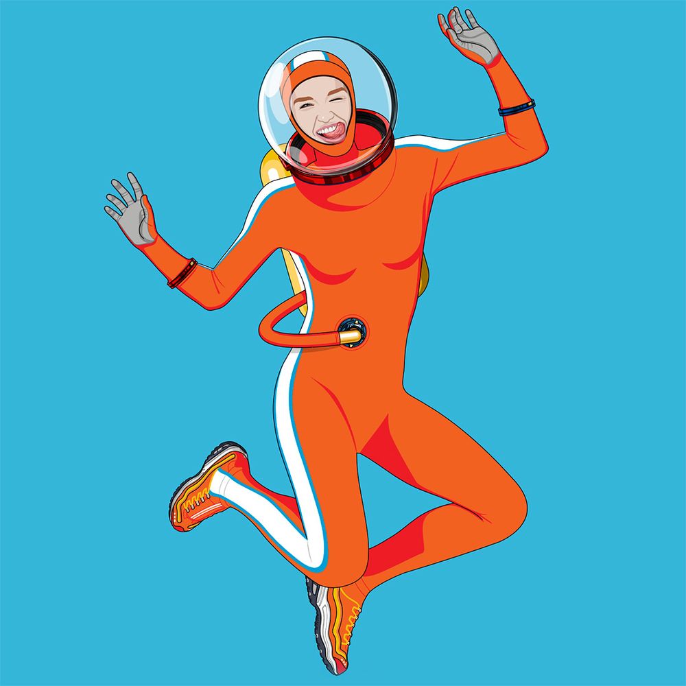 Vector illustration of a young woman wearing an orange mechanical pressure suit with bubble helmet.