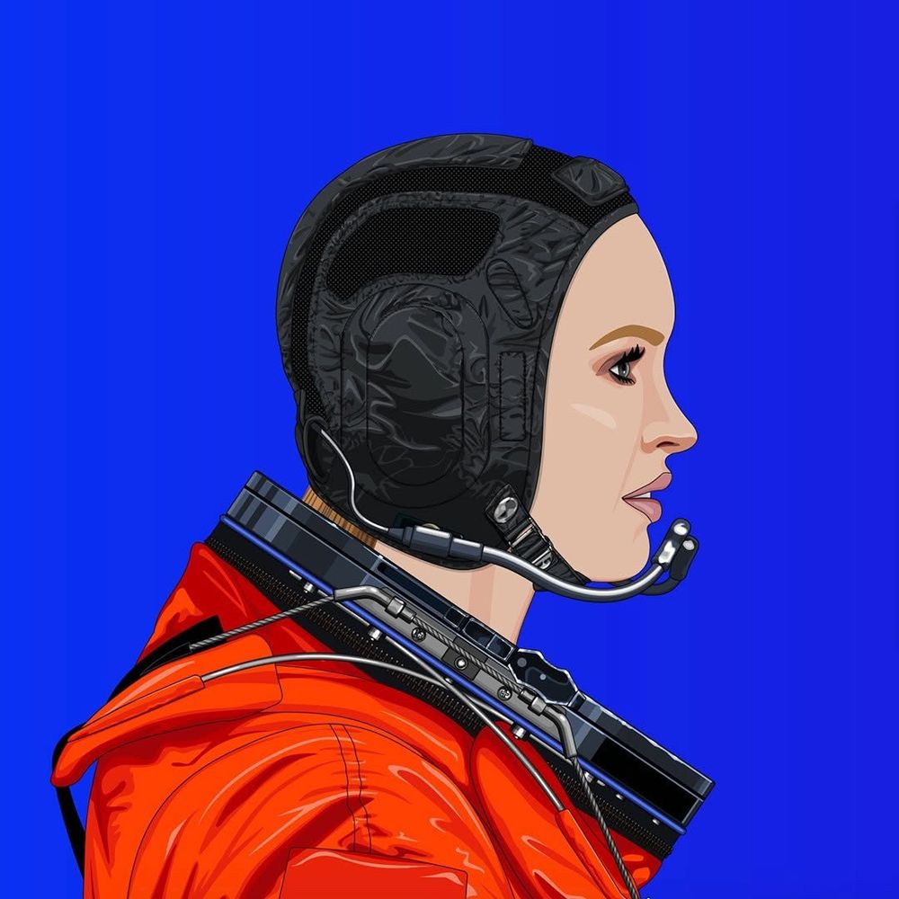 Profile of a female astronaut wearing a comm cap and orange ACES pressure suit in vector art style.