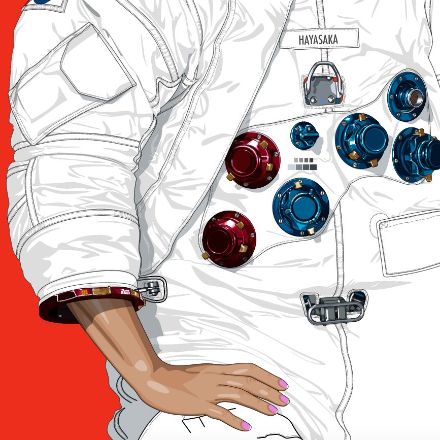 Vector illustration of an A7Lb spacesuit showing right sleeve and torso wrinkles.