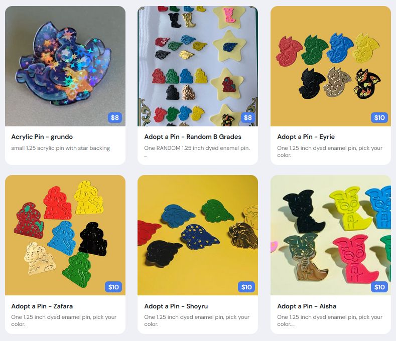 Store front image displaying listings for 6 different items, neopets pins