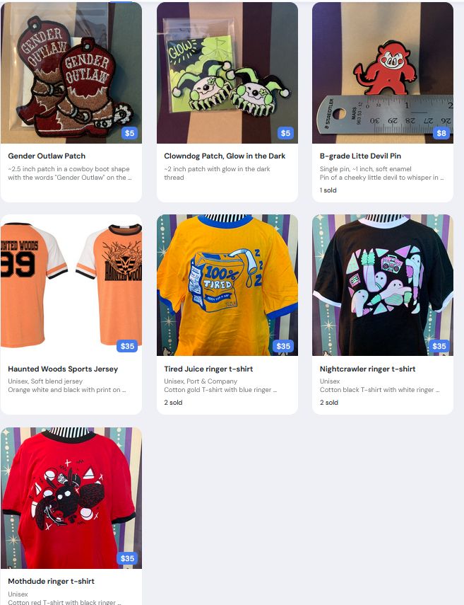store front image showing 7 different item listings, t-shirts, patches, pin.