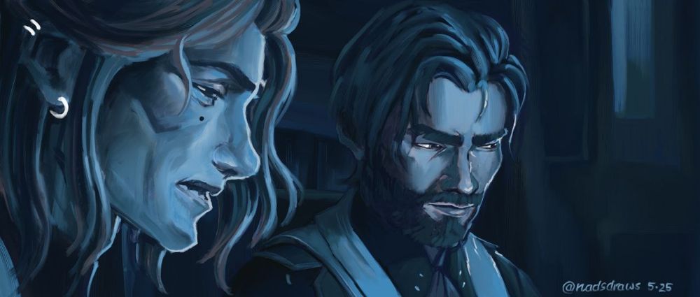 Screencap redraw of Viktor and Jayce in the lab trying to make the Hextech work. On the drawing Viktor has shoulder length hair and Jayce has longer hair and beard. They are both looking in the same direction, illuminated by light blue light. The whole scene is drawn in the hues of blue.