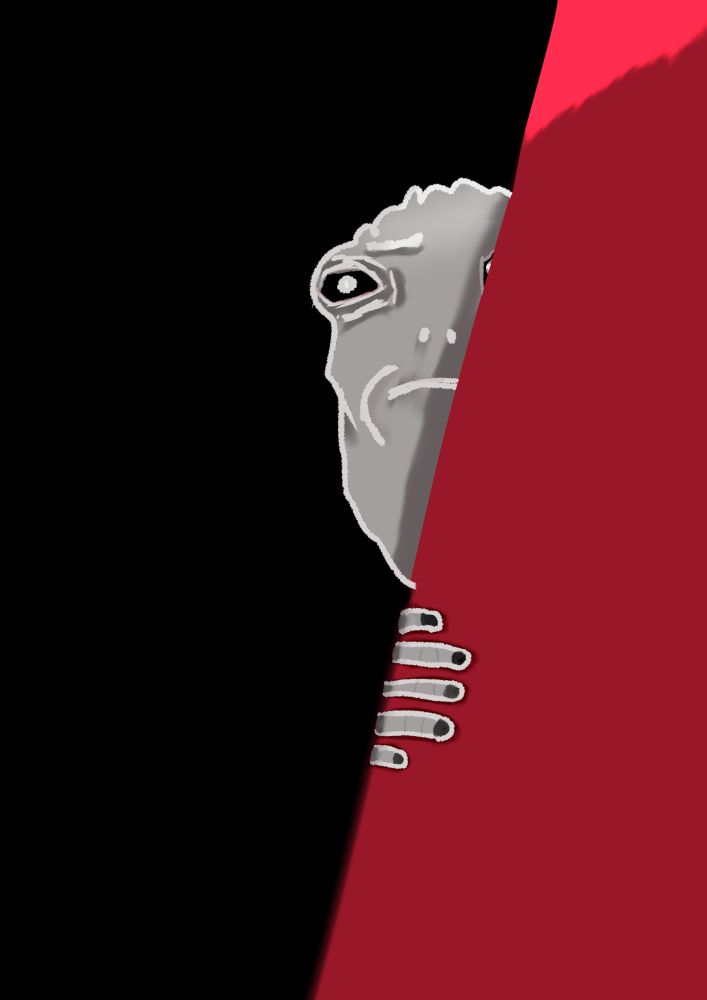 A drawn lil' scribble of a puffy, grey, alien looking guy. He's peeking from behind a red wall, and only half his face can be seen. Fella's hand is also peeking from behind the wall, hugging it. The background is black and the colors are generally dark, except for a bit of light on the top of the wall

He's just a dude :) 