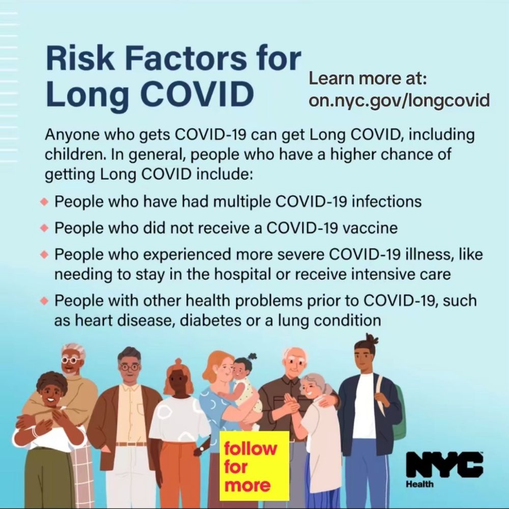 Teal Poster featuring people of different ages and ethnicities lists Risk Factors for Long COVID. It states,
“Anyone who gets COVID-19 can get Long COVID, including children. In general, people who have a higher chance of getting Long COVID include:
People who have had multiple COVID-19 infections
People who did not receive a COVID-19 vaccine
People who experienced more severe COVID-19 illness, like needing to stay in the hospital or receive intensive care People with other health problems prior to COVID-19, such as heart disease, diabetes or a lung condition
Learn more via
NYC Health Department website”