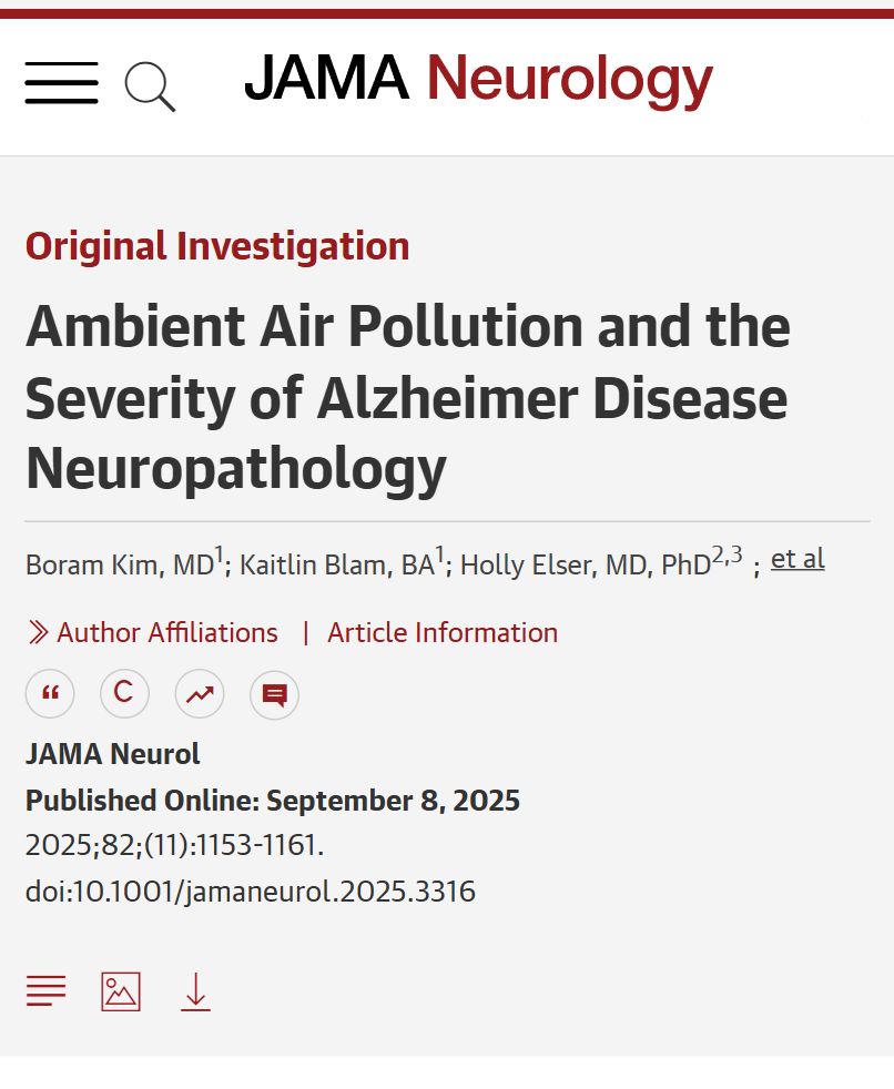 JAMA Neurology publication titled 'Ambient Air Pollution and the Severity of Alzheimer Disease Neuropathology' by Boram Kim, MD; Kaitlin Blam, BA; Holly Elser, MD, PhD; et al. Published online September 8, 2025.