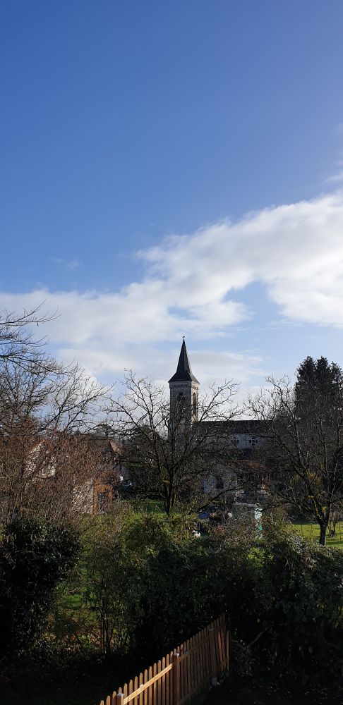 Photo d'une église derrière des noyers (?) Sous un ciel bleu. Le Lot. 