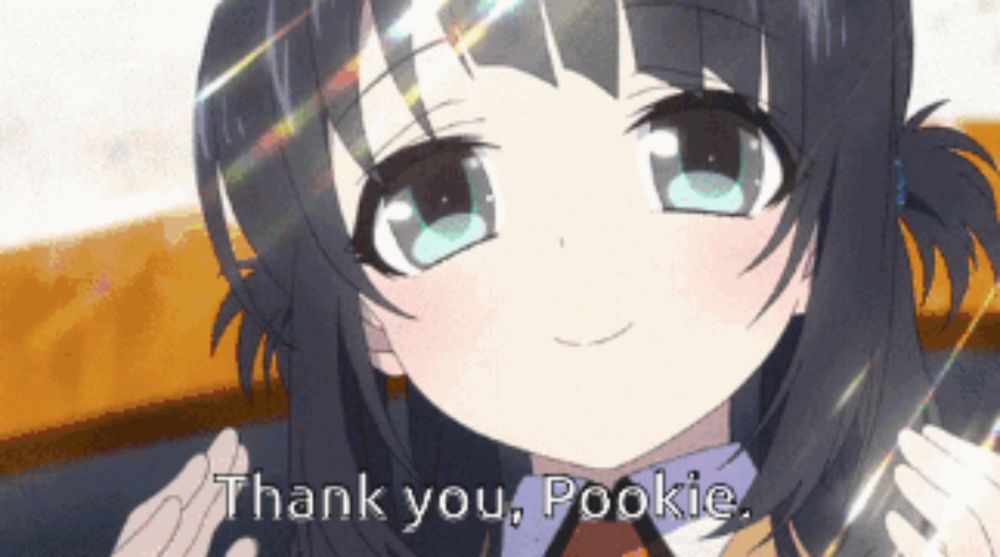 a cartoon girl says " thank you pookie " in front of her