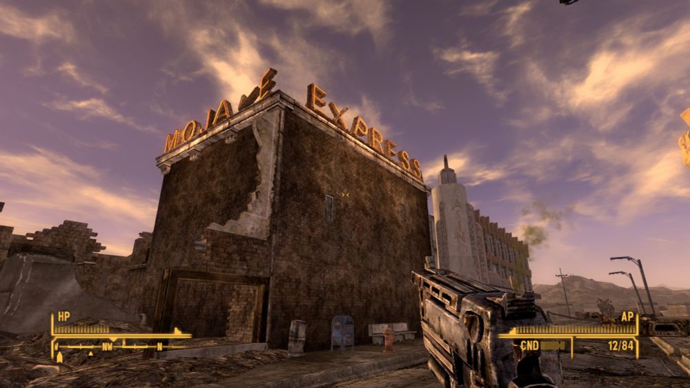 Screenshot of a ruined building with a Sign saying Mojave Express from fallout New Vegas 