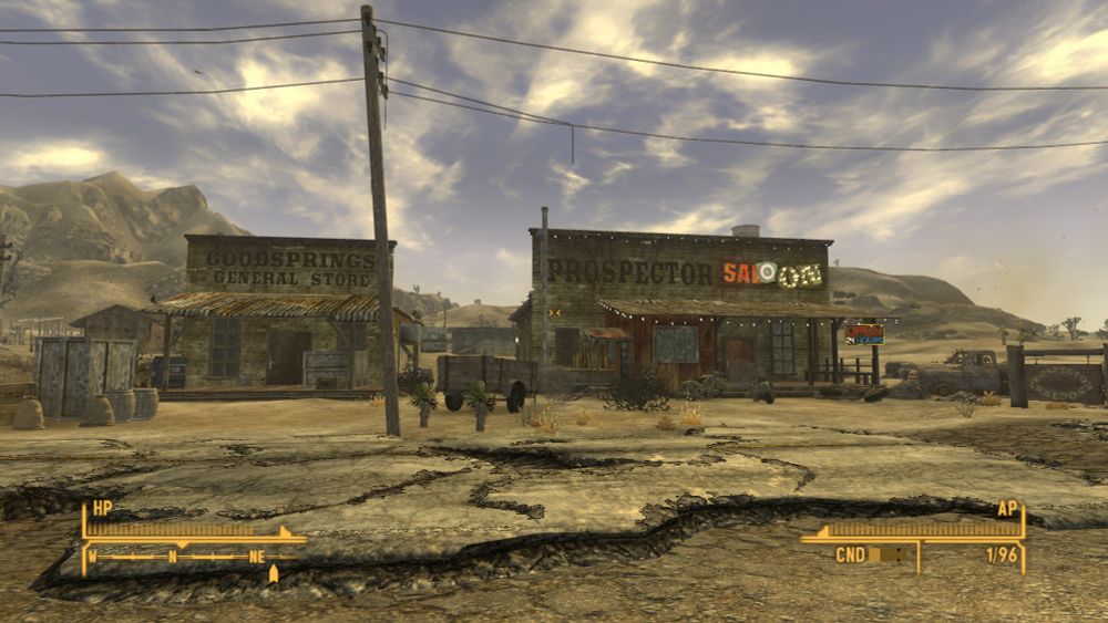 A shot of the general store and saloon in Goodsprings from the game fallout New Vegas 