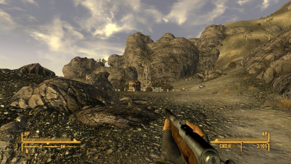 A shot of rocky mountains from the game fallout New Vegas 