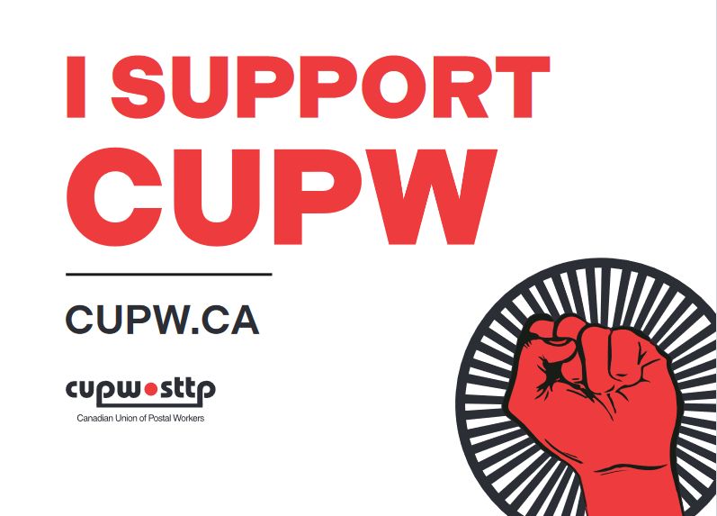 IMAGE: “I Support Canada Post” graphic with fist and link to CUPW’s website at http://CUPW.ca