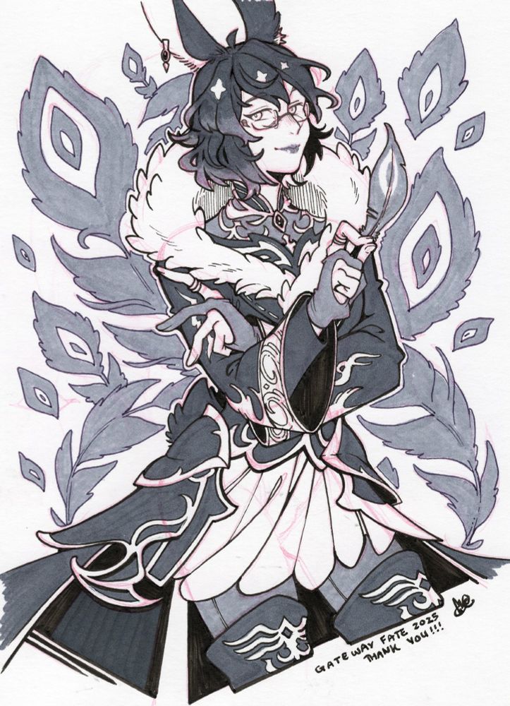 My FFXIV Warrior of Light, Esper Hyskaris, as drawn by Endy. It is a marker piece in grayscales of a viera with glasses standing in front of a motif of various phoenix feathers. He's smiling and also holding a feather in his hand.