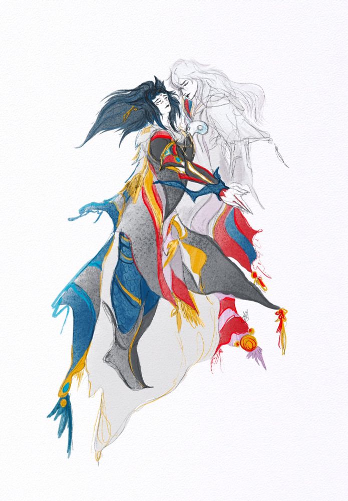 E'speranza and Themis in an artstyle remincent of Yoshitaka Amano, by @zanarkands.bsky.social‬