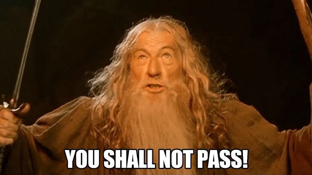 Sir Ian McKellen as Gandalf in LOTR, shouting "You shall not pass!"