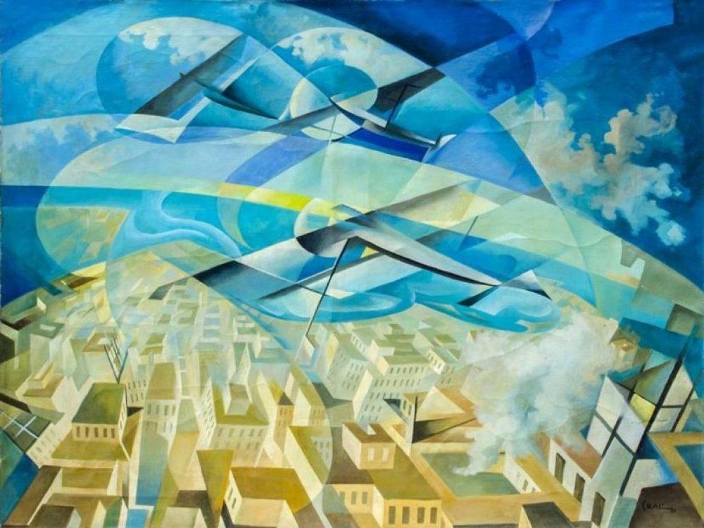 Abstract airplanes over an city in the sky. The image is split into different geometrical forms with slightly different colour themes. In contrast to objectivism the facets of the image keep perspective and geometry of city as well as planes intact. The planes are abstract in so far as that they are concrete as well as part of and creating the geometrical forms splitting the compostion
