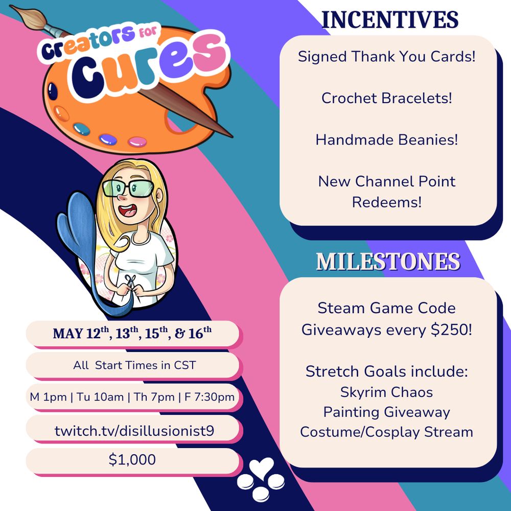 Graphic displaying information about the Creators for Cures event hosted by disillusionist9 for Breakthrough T1D Play (formerly known as JDRF Game2Give). The dates of events are between May 12th and 16th and will be on twith.tv/disillusionist9. There are crochet, painting and Steam game code giveaways.