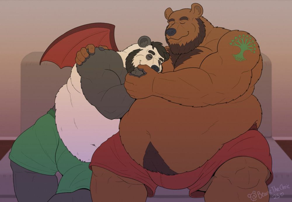 Drawing of a grizzly bear and panda dragon cuddling. They are very fat and comfortable with each other.