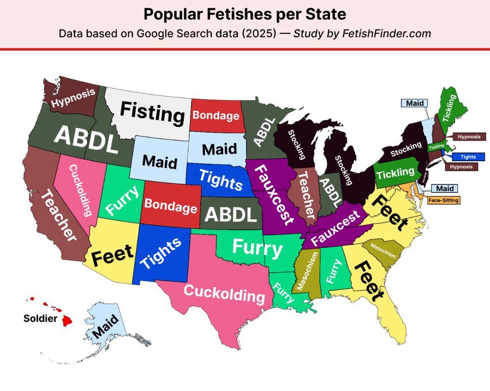Map of the US showing Popular Fetishes per State according to Google search data. MD’s fetish of choice is Face-Sitting. 