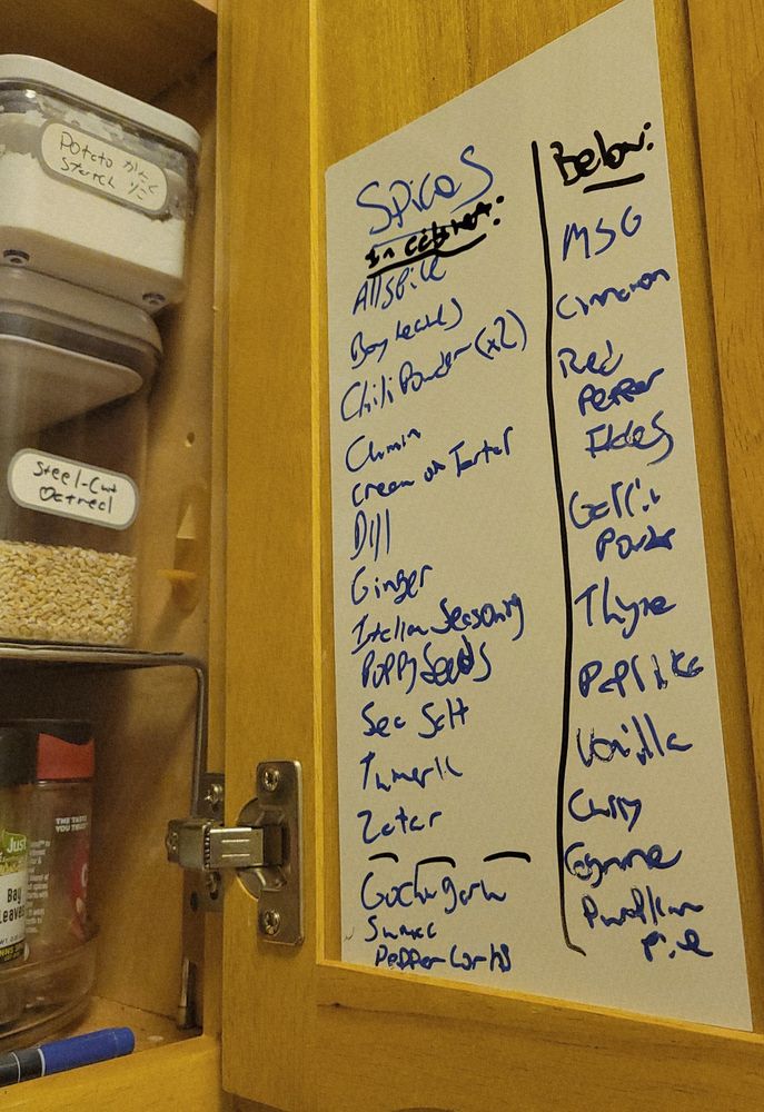 inside of a kitchen cabinet, where in the door is a list on a white board of which spices I have and if they're in said cabinet or below on the counter

(the cayenne I was looking for was "below")