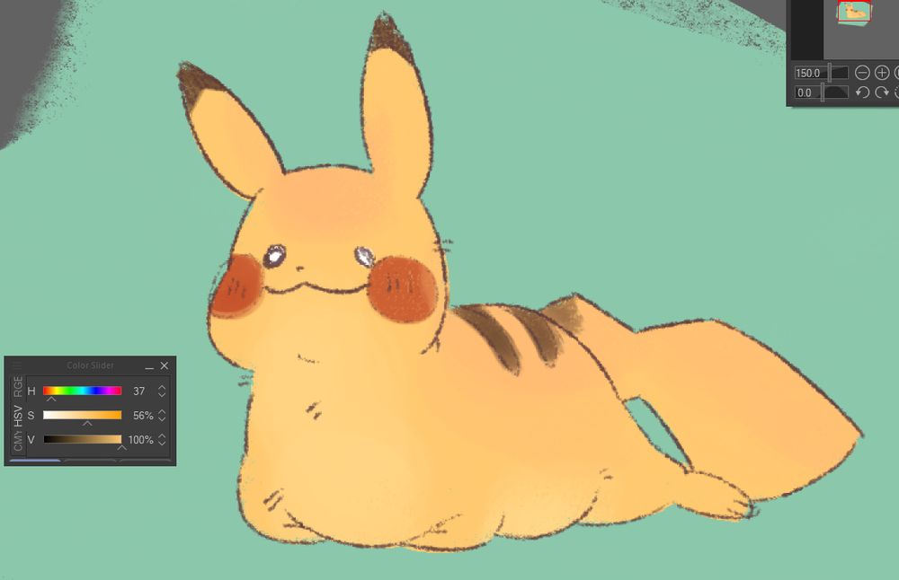 Illustration of a cat-like Pikachu attempting a loaf, failing and splooting instead.