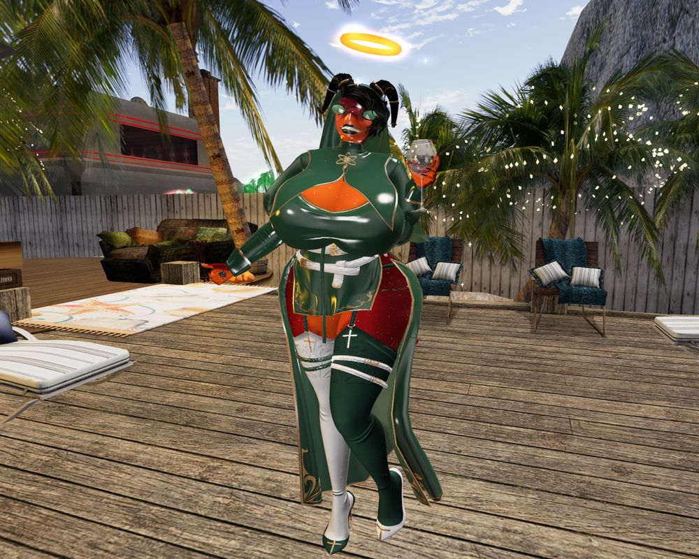 Pathia as a shark, clad in a latex green and white nun outfit.  She is a perfectly normal nun.  Please ignore the halo and the not-wine in her hand.