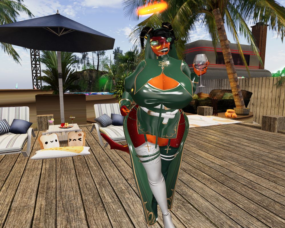 Pathia as a shark, clad in a latex green and white nun outfit.  She is a perfectly normal nun.  Please ignore the halo and the not-wine in her hand.