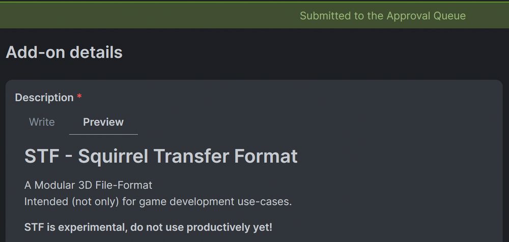 Screenshot of the Blender STF extension being submitted for approval.