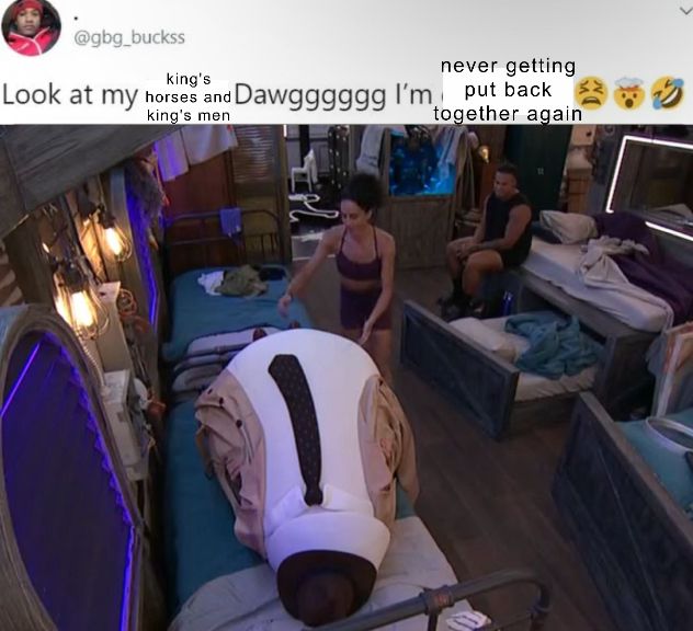 picture of vince in his giant egg costume, after he's fallen flat on his face on a bed, with morgan reaching for him and keanu behind him looking at them.  has a caption above that says "Look at my king's horses and king's men Dawg I'm never getting put back together again"