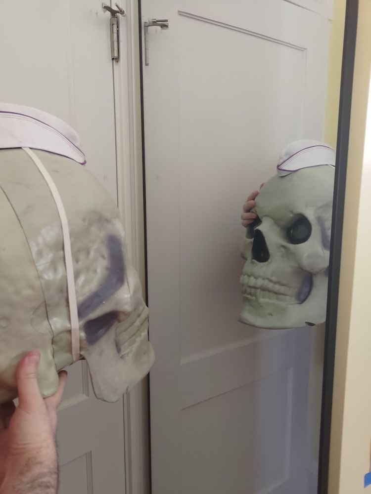 The head from a 12ft skeleton, which is wearing a white soda fountain cap/scout hat with purple trim, looks at itself in a mirror.
