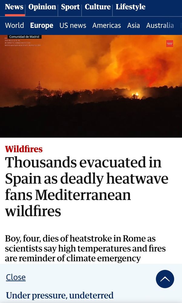Screenshot of a Guardian article, the headline reading Thousands evacuated in Spain as deadly heatwave fans Mediterranean wildfires