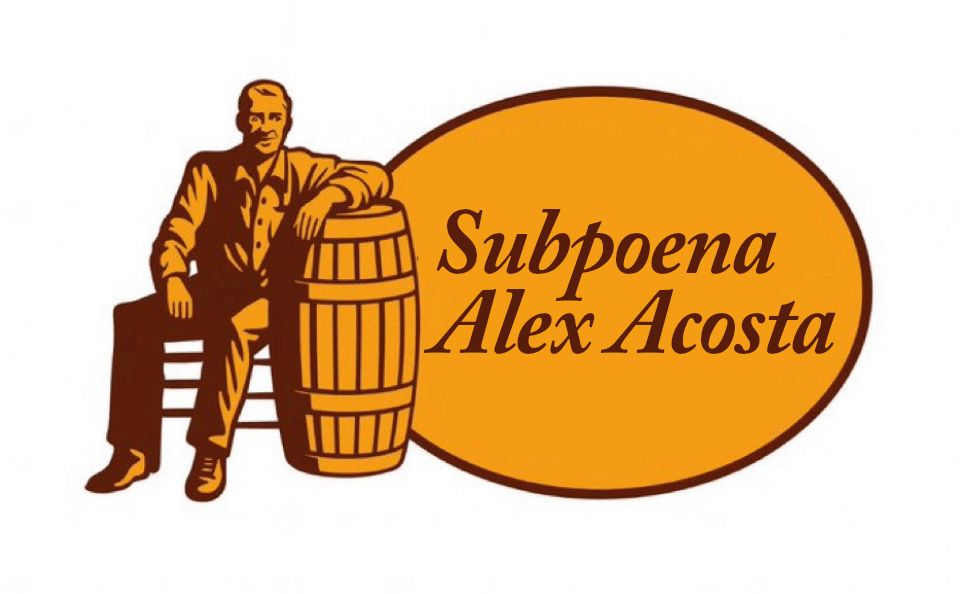 Cracker Barrel logo but the text reads Subpoena Alex Acosta 