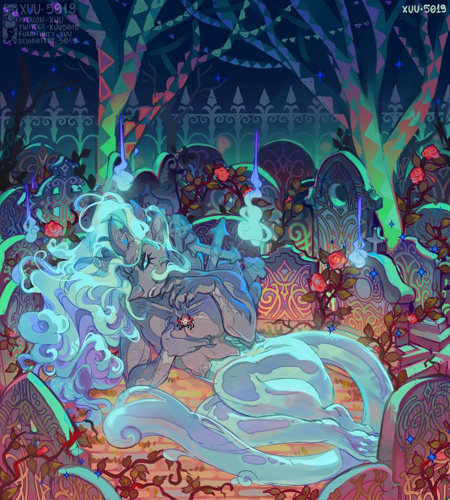 Illustration of a ghost like character in a cemetery with heavy patterns and bright colours