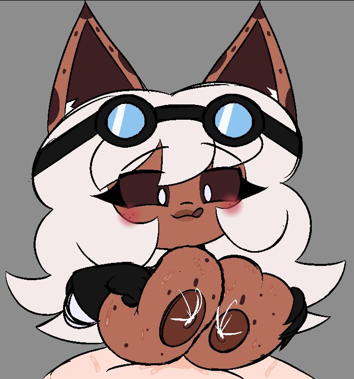 a drawing of my character skoho who's looking down licking her lips as she smothers someone's cock with her lactating tits
