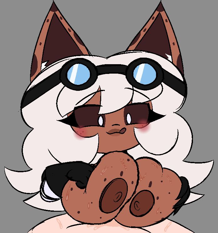 a drawing of my character skoho who's looking down licking her lips as she smothers someone's cock with her tits
