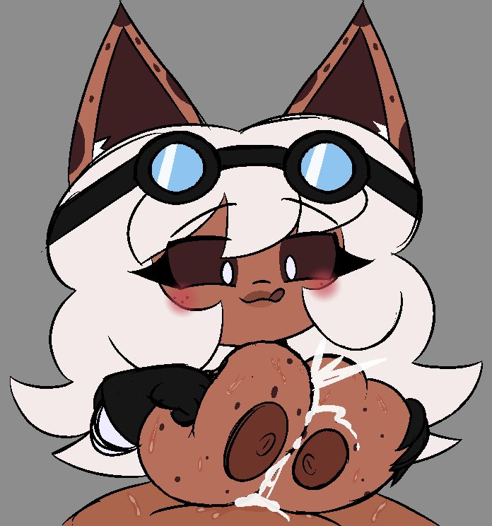 a drawing of my character skoho who's looking down licking her lips as she smothers someone's cock with her tits (dark skin and cum alt)