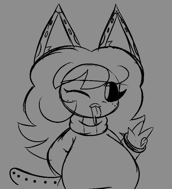 a drawing of my character skoho sticking her drooling tongue out while holding a peace sign but her chest is suddenly big now wtf??? 