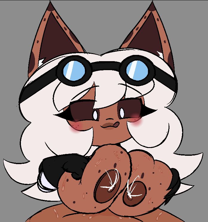 a drawing of my character skoho who's looking down licking her lips as she smothers someone's cock with her lactating tits (dark skin alt)