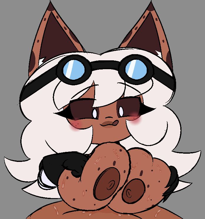 a drawing of my character skoho who's looking down licking her lips as she smothers someone's cock with her tits (dark skin alt)