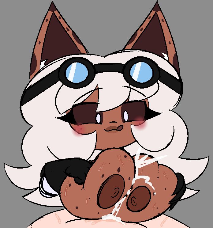 a drawing of my character skoho who's looking down licking her lips as she smothers someone's cock with her tits (cum alt)