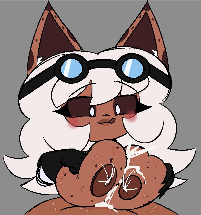 a drawing of my character skoho who's looking down licking her lips as she smothers someone's cock with her lactating tits (dark skin and cum alt)