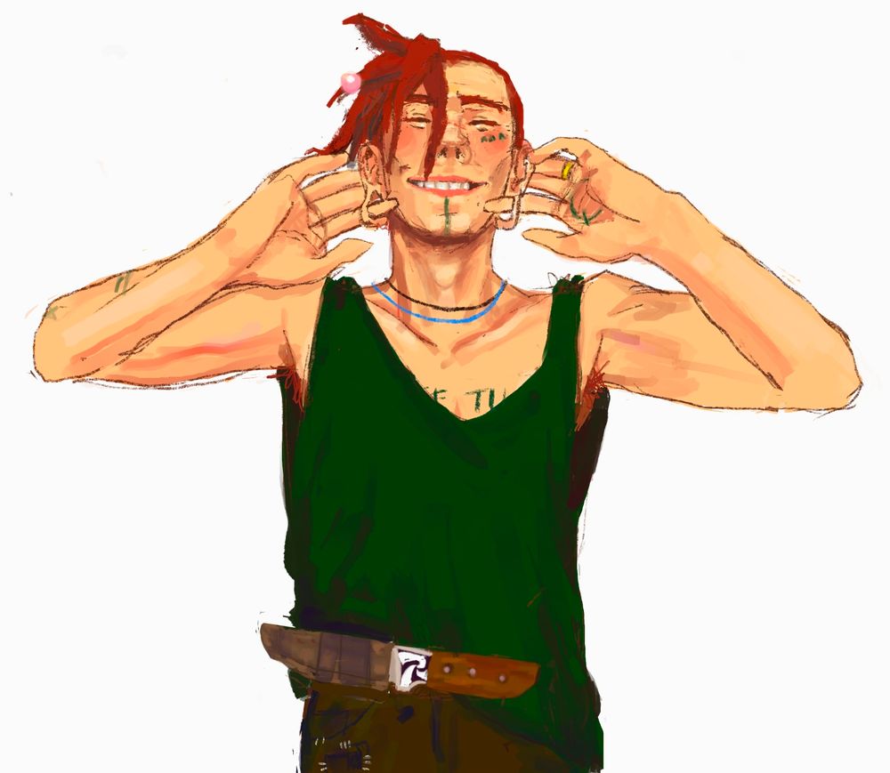 Finn McNamara (life is strange 2) poses sticking his fingers through his gaugeless ears.