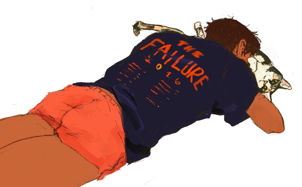 Sean Diaz (life is strange 2) mashes his face in the belly of a calico cat.