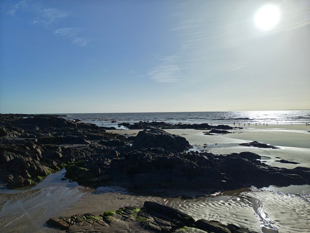 Landscape photograph of a beach looking out to sea on a bright November morning. There's rock pools in the foreground and seabirds dotting the shoreline 