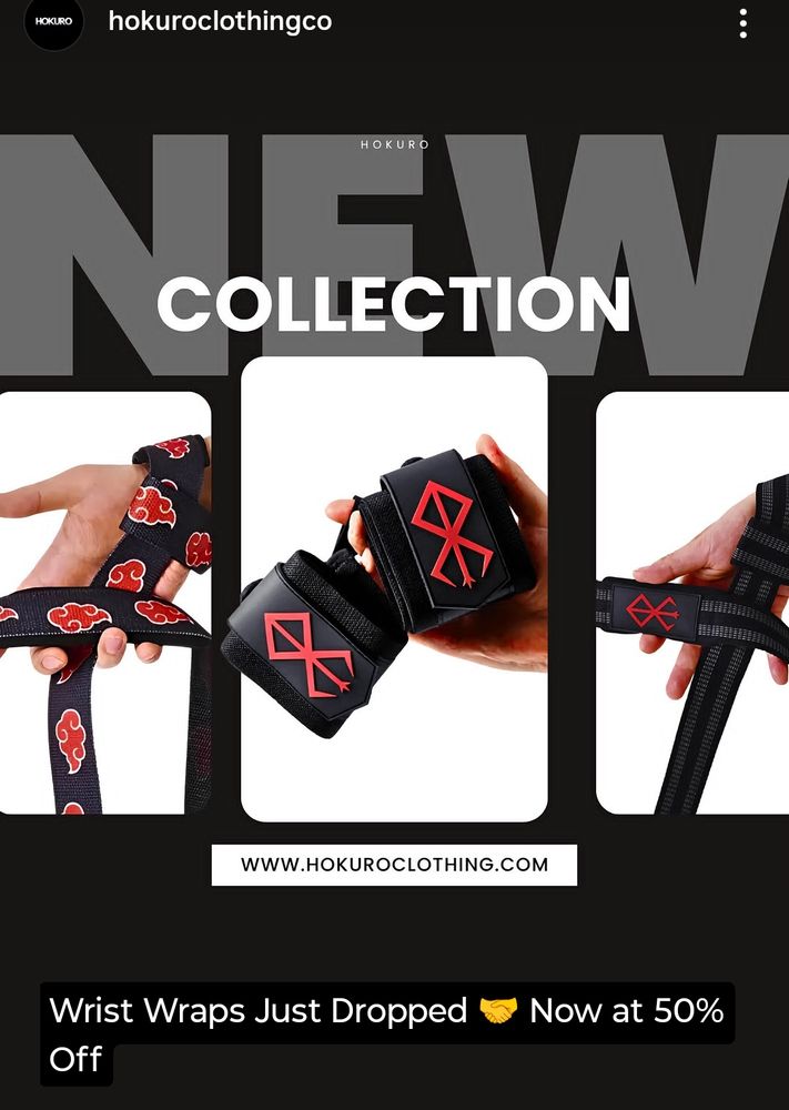 A screencap of an ad on Instagram from a shop called hokuroclothingco. It's advertising manga themed lifting accessories. The main image is a set of lifting wrist wraps with the brand of sacrifice from berserk on it