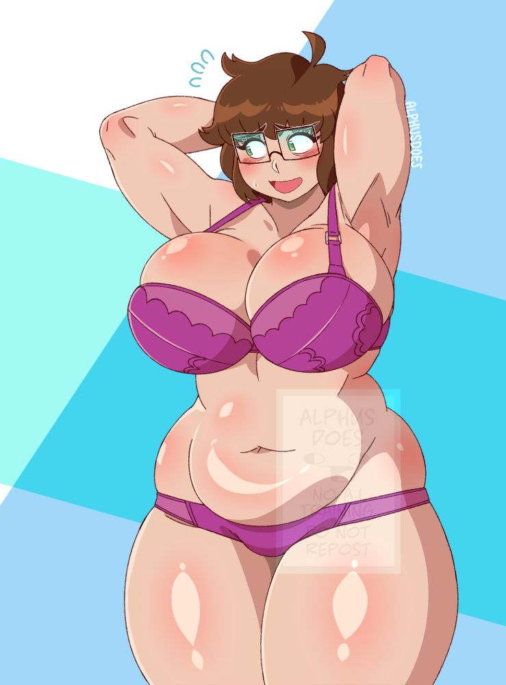 A pinup drawing of a curvaceous, chubby, well-endowed woman, with short brown hair, green triangular pupils and and a pair of square-shaped glasses, in her purple underwear, while posing with her arms up and over her head, while wearing an embarrassed facial expression.
