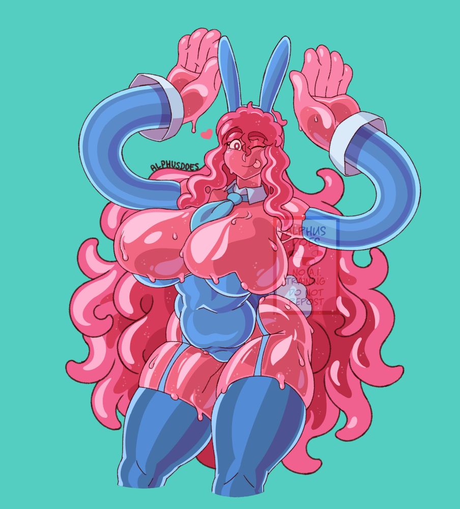 A promiscuous drawing of a curvaceous pink slime girl wearing a blue playboy bunny girl outfit while posing with her arms and hands in the ‘bunny ears’ pose.
