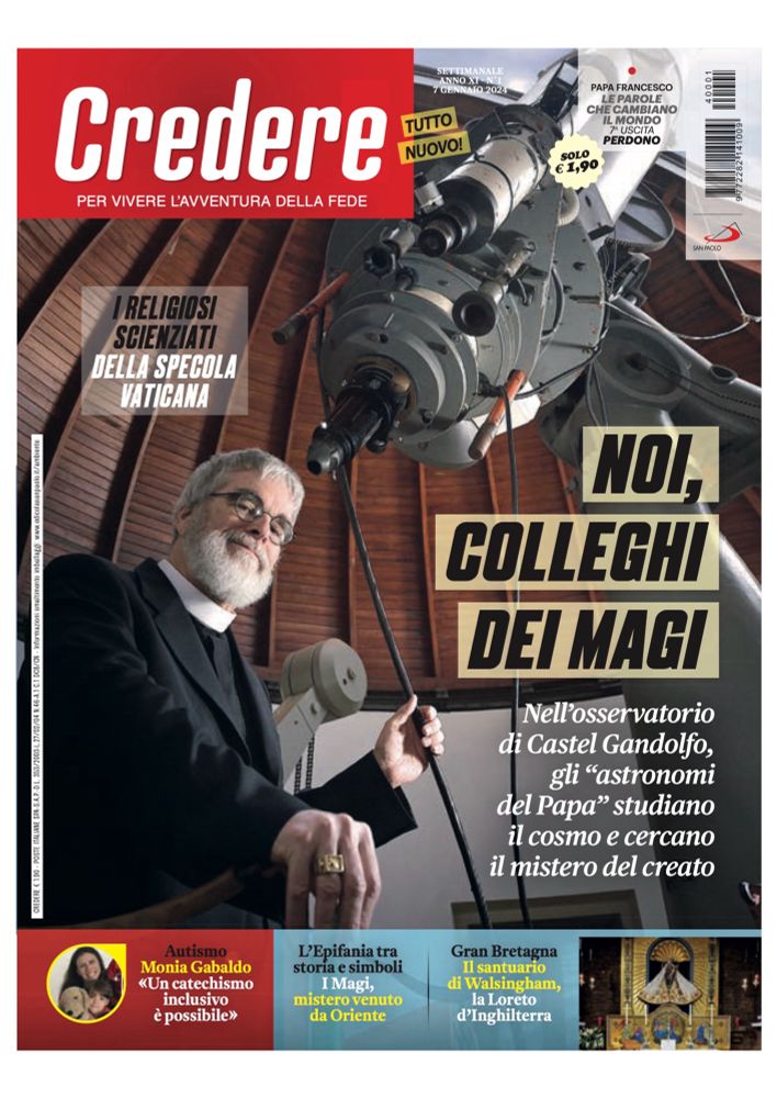 Be Guy on the cover of Credere with the title We, colleagues of the Magi, by a large telescope