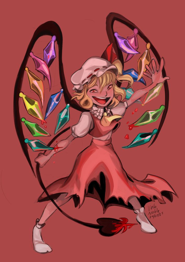 crazy looking Flandre Scarlet with some bloody drops 